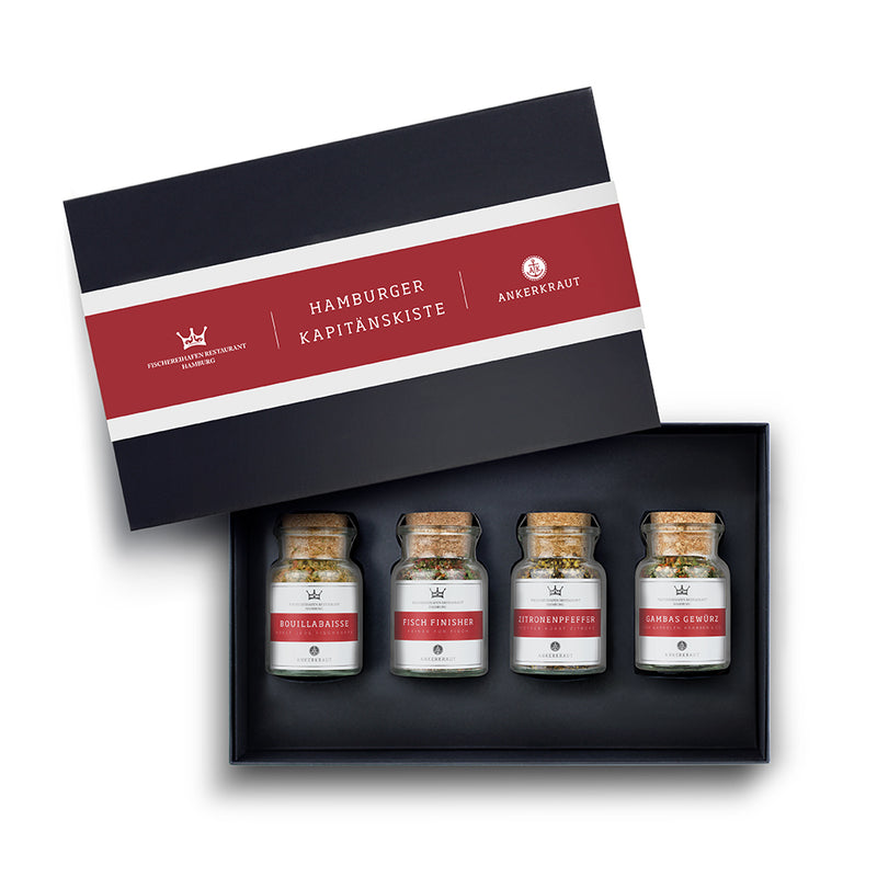 Fischgewürze-Set von Ankerkraut im schwarzen Karton mit offenem Deckel.