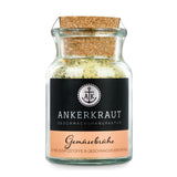 Gemüsebrühe ohne Geschmacksverstärker von Ankerkraut im Korkenglas auf weißem Hintergrund.