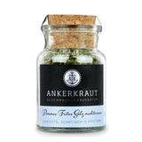 Pommes Frites Salz Mediterran von Ankerkraut im Korkenglas auf weißem Hintergrund.