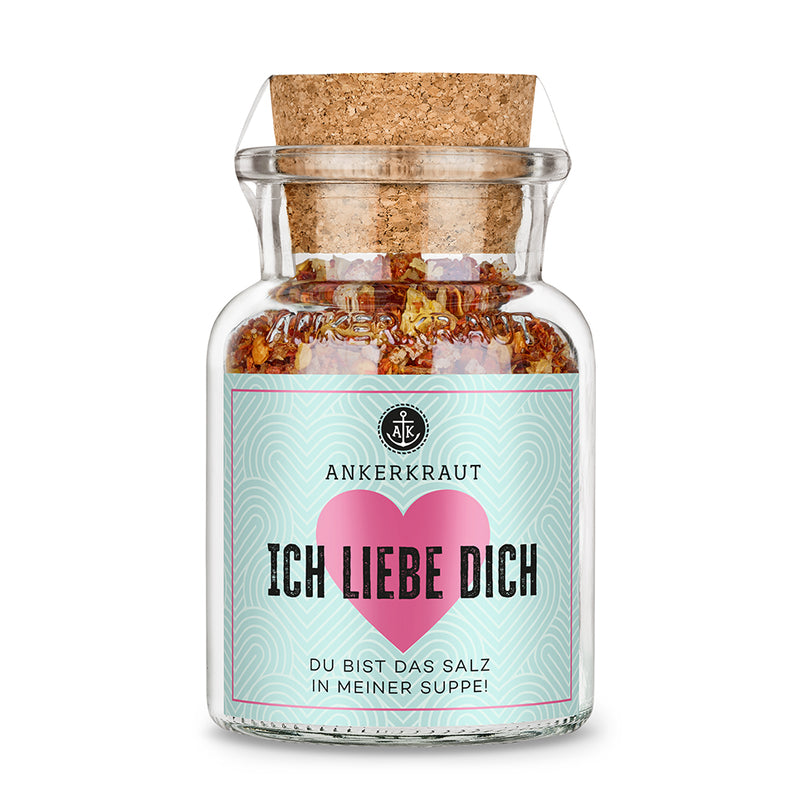 Ich Liebe Dich Geschenk von Ankerkraut im Korkenglas auf weißem Hintergrund.