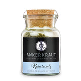 Kräutersalz von Ankerkraut im Korkenglas auf weißem Hintergrund.