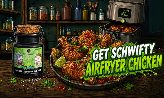 Knusprige Hähnchenschenkel im Airfryer neben Gewürzglas, inszeniert im Rick and Morty Comicstil mit futuristischem Hintergrund.