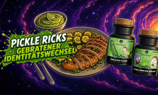Illustration von gebratenem Hähnchen mit Gurken und Dip neben Rick-and-Morty-Gewürzgläsern im Weltraumstil.