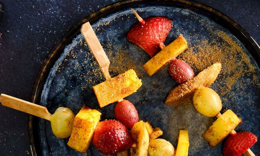 Grilled fruit skewers with Fruit & Dessert BBQ rub. Colorful and delicious.