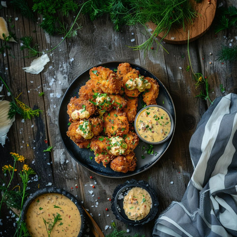 Knuspriger Kibbeling mit Remoulade auf einem Teller angerichtet.