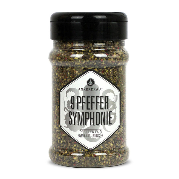Ankerkraut 9 Pfeffer Symphonie im Gewürzstreuer vor weißem Hintergrund.