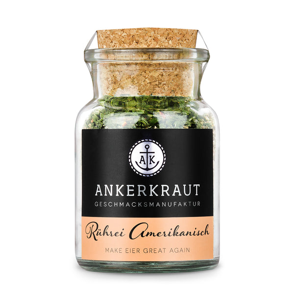 Amerikanisches Rührei von Ankerkraut im Korkenglas auf weißem Hintergrund.