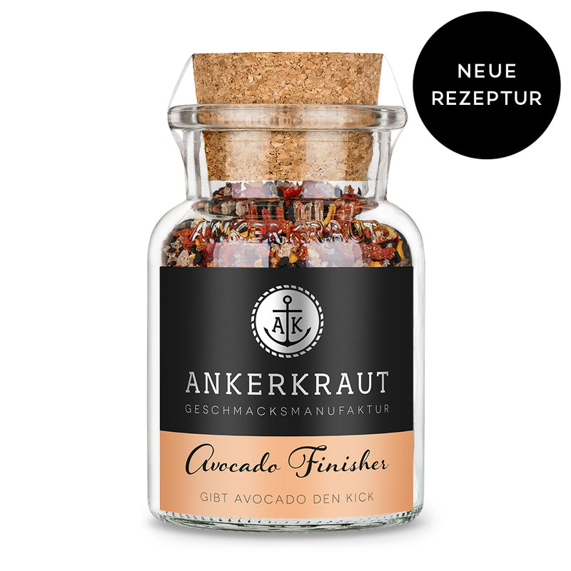 Avocado Gewürz von Ankerkraut im Korkenglas auf weißem Hintergrund.