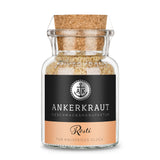 Rösti Gewürz von Ankerkraut im Korkenglas auf weißem Hintergrund.