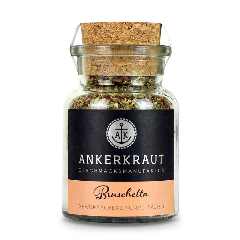 Bruschetta Gewürz von Ankerkraut im Korkenglas auf weißem Hintergrund.