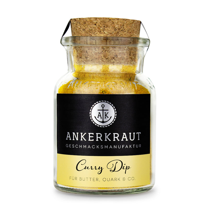 Curry Dip von Ankerkraut im Korkenglas auf weißem Hintergrund.
