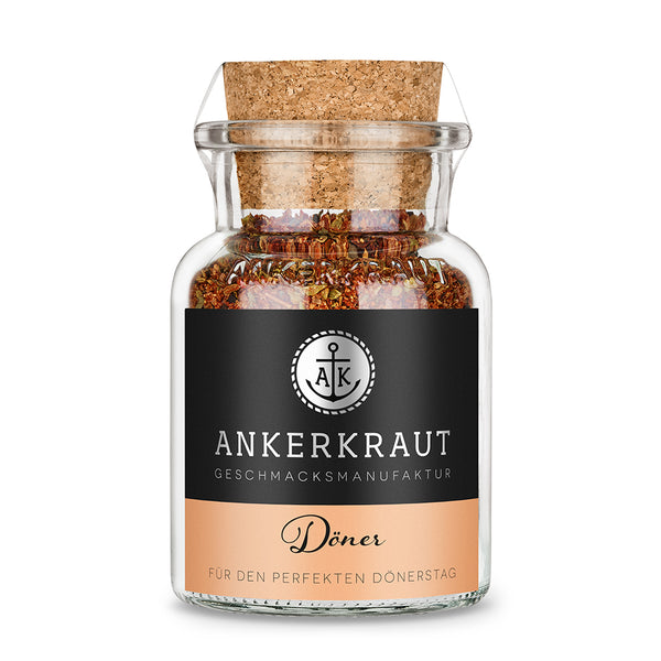 Döner Gewürz von Ankerkraut im Korkenglas auf weißem Hintergrund.