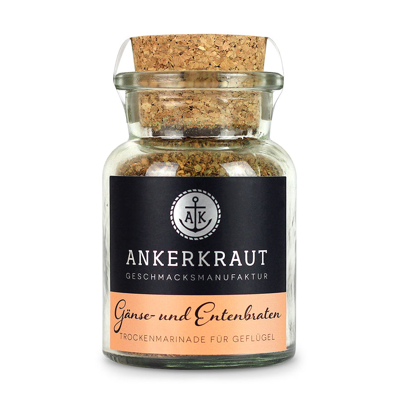 Gänse- und Entengewürz von Ankerkraut im Korkenglas auf weißem Hintergrund.