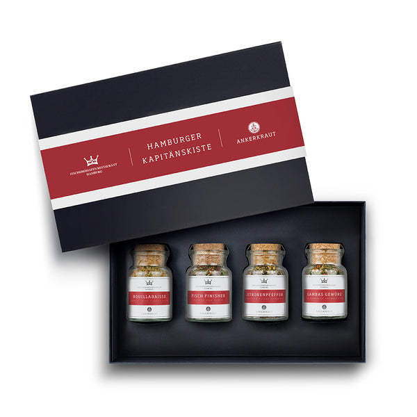 Fischgewürze-Set von Ankerkraut im schwarzen Karton mit offenem Deckel.