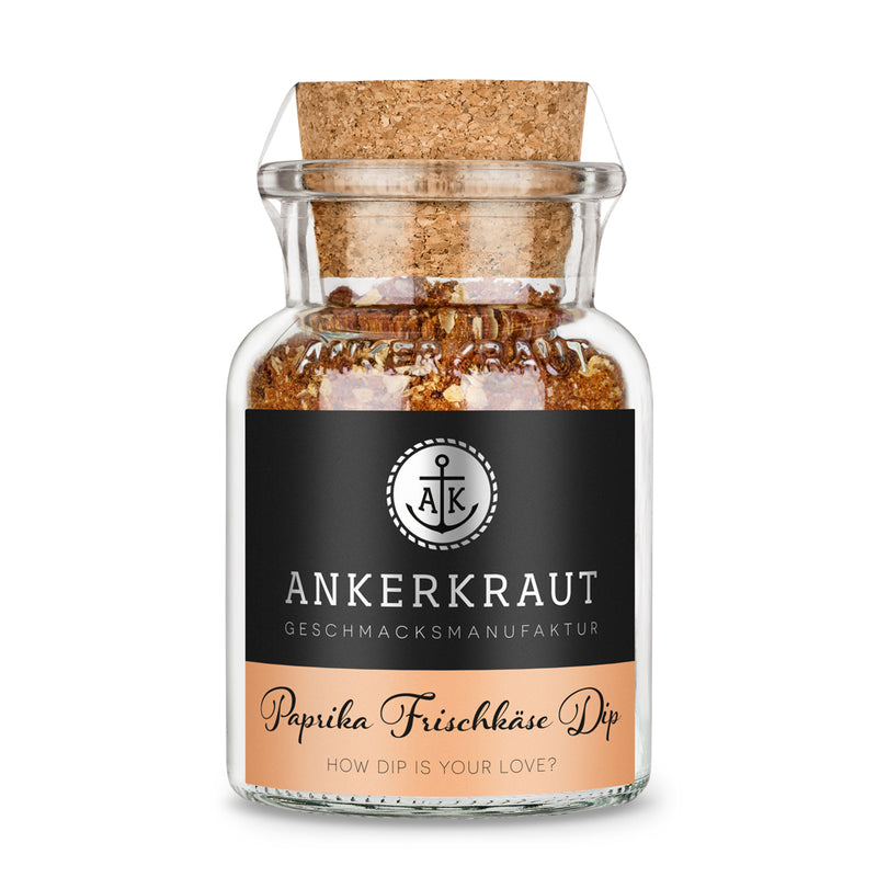 Ankerkraut Frischkäse Gewürz im Korkenglas auf weißem Hintergrund.