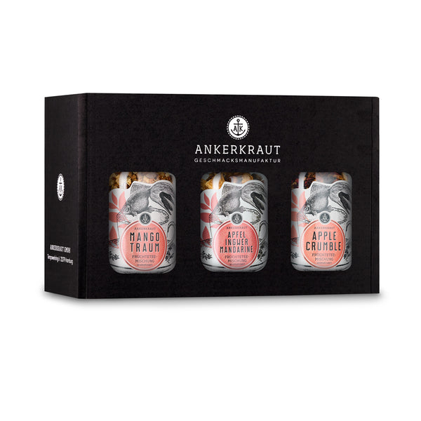 Früchtetee-Box von Ankerkraut im schwarzen Karton mit Sichtfenster.