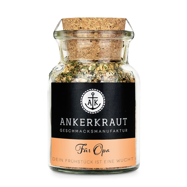 Ankerkraut Für Opa Gewürz im Korkenglas auf weißem Hintergrund.