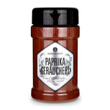 Ankerkraut Geräuchertes Paprikapulver im Gewürzstreuer vor weißem Hintergrund.