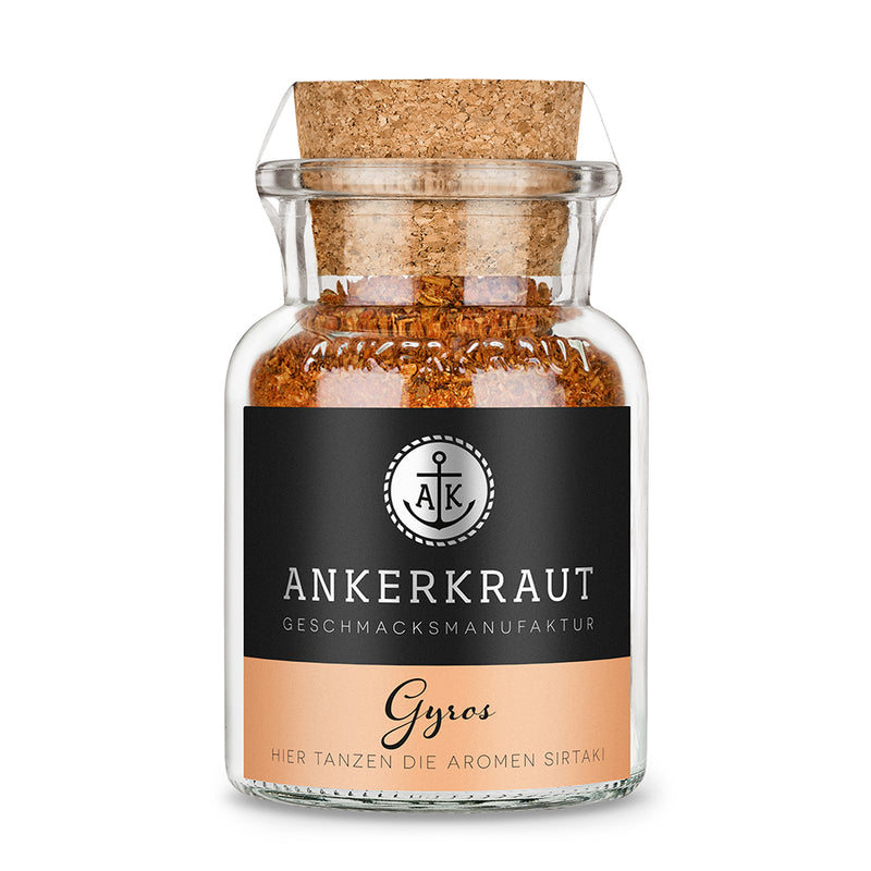 Gyros Gewürz von Ankerkraut im Korkenglas auf weißem Hintergrund.