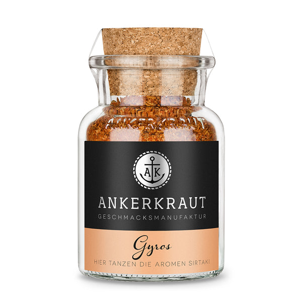 Gyros Gewürz von Ankerkraut im Korkenglas auf weißem Hintergrund.