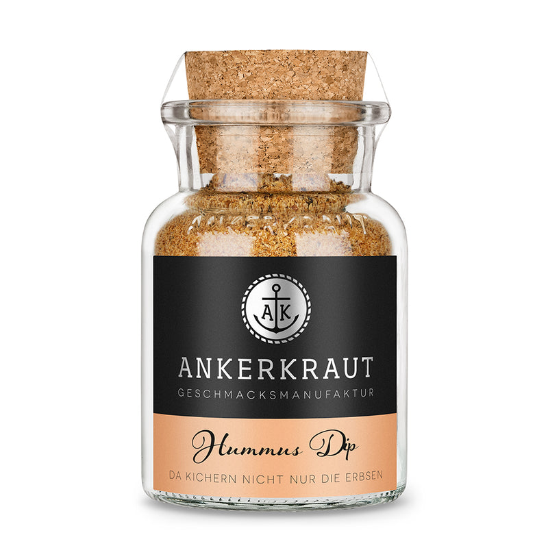 Hummus Gewürz von Ankerkraut im Korkenglas auf weißem Hintergrund.