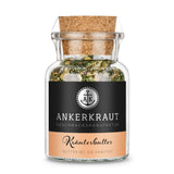 Kräuterbutter Gewürz von Ankerkraut im Korkenglas auf weißem Hintergrund.