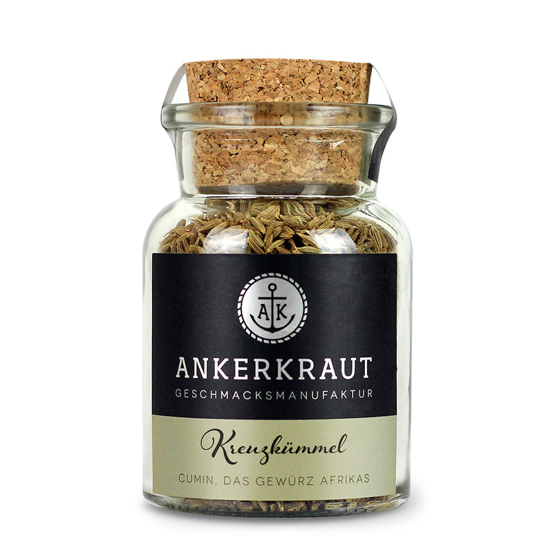 Kreuzkümmel Gewürz von Ankerkraut im Korkenglas auf weißem Hintergrund.