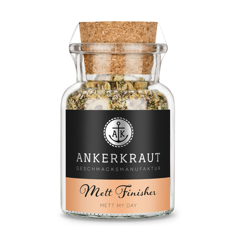 Mett Gewürz von Ankerkraut im Korkenglas auf weißem Hintergrund.