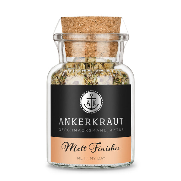 Mett Gewürz von Ankerkraut im Korkenglas auf weißem Hintergrund.