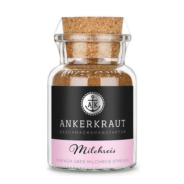 Milchreis Gewürz von Ankerkraut im Korkenglas auf weißem Hintergrund.
