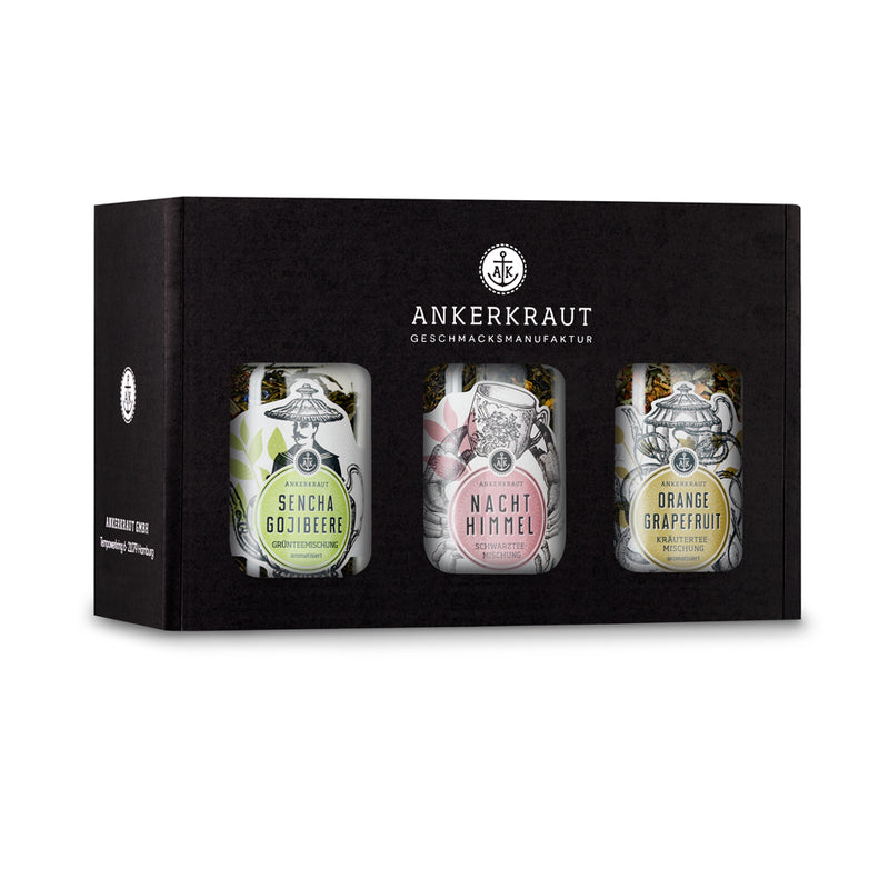 Mix-Tee-Box von Ankerkraut im schwarzen Karton mit Sichtfenster.