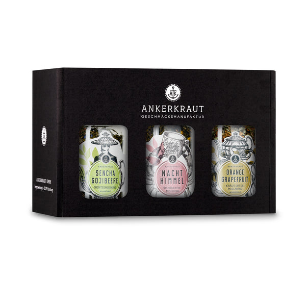 Mix-Tee-Box von Ankerkraut im schwarzen Karton mit Sichtfenster.