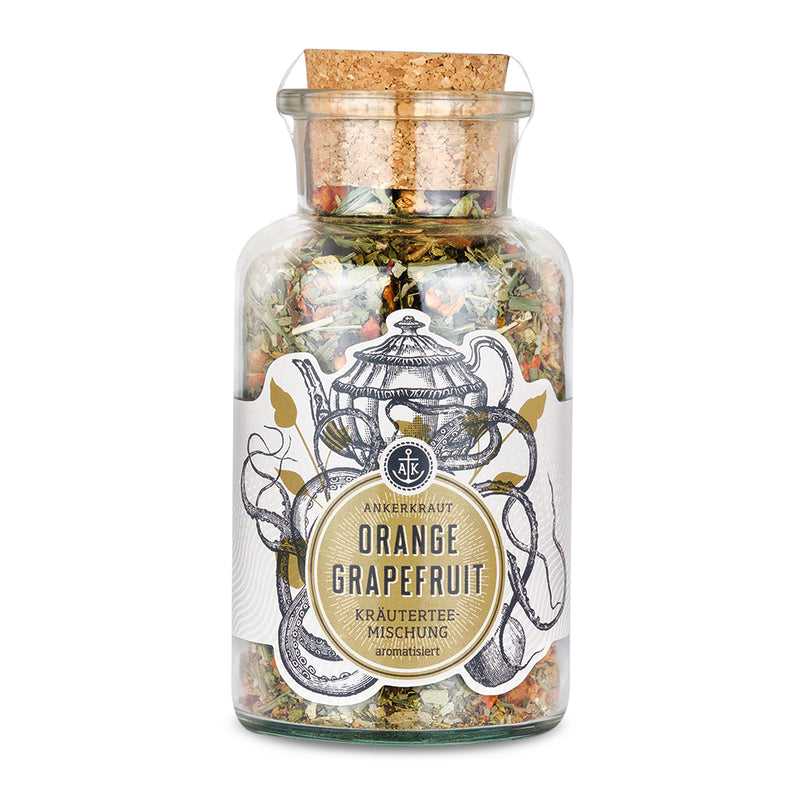 Ankerkraut Orange Grapefruit Kräutertee im Korkenglas auf weißem Hintergrund.