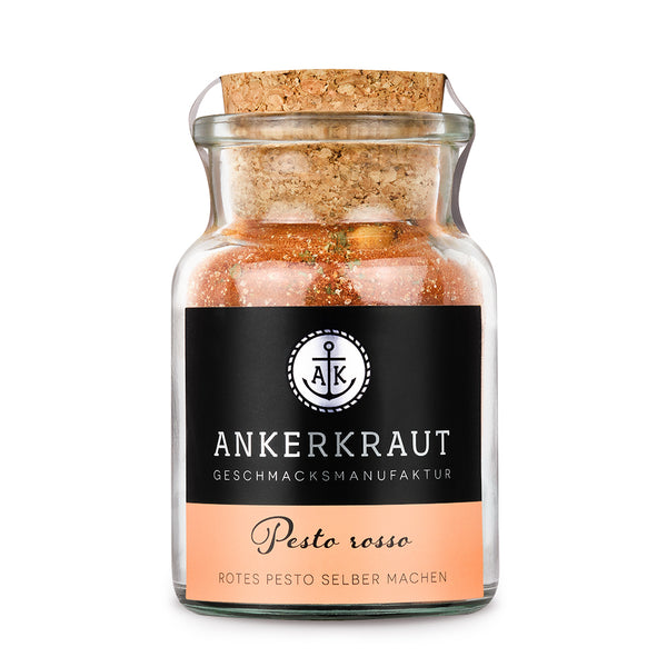 Pesto Gewürzmischung von Ankerkraut im Korkenglas auf weißem Hintergrund.