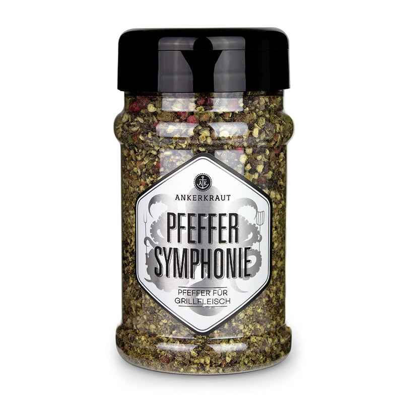 Ankerkraut Pfeffer Symphonie im Gewürzstreuer vor weißem Hintergrund.