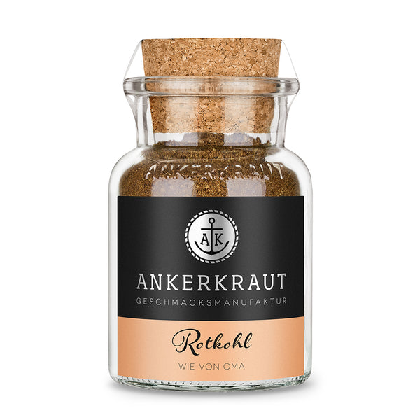 Rotkohl Gewürz von Ankerkraut im Korkenglas auf weißem Hintergrund.