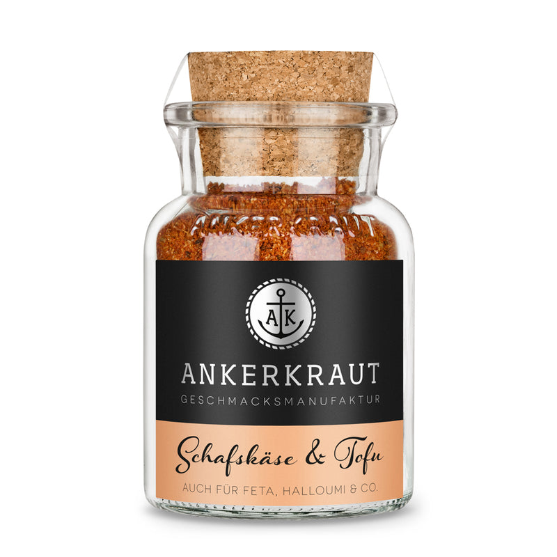 Schafskäsegewürz von Ankerkraut im Korkenglas auf weißem Hintergrund.