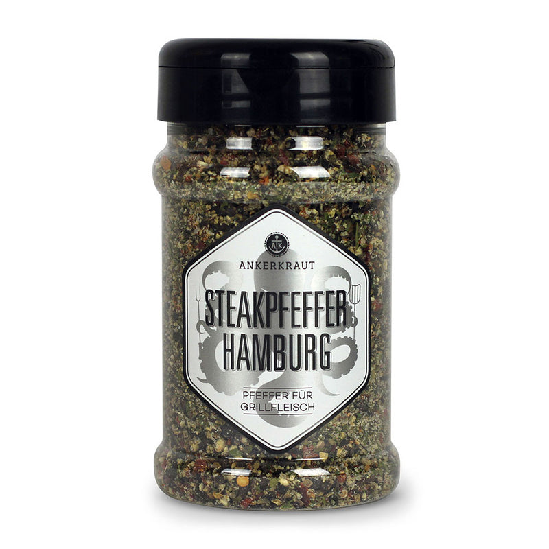 Ankerkraut Steakpfeffer Hamburg im Gewürzstreuer vor weißem Hintergrund.