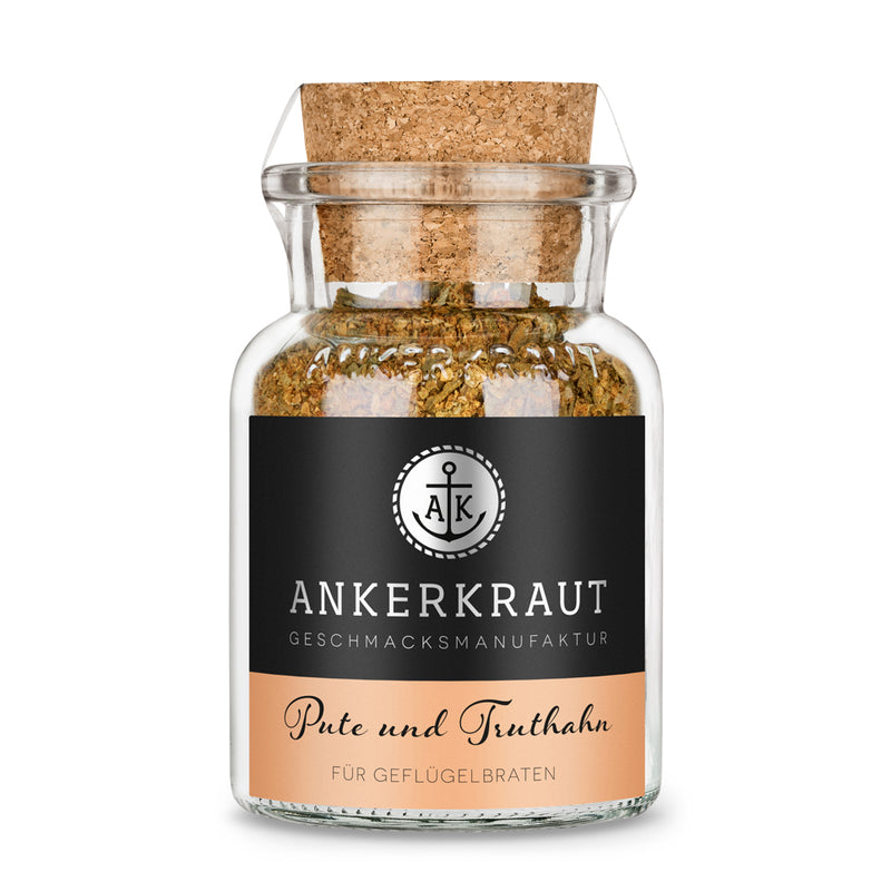 Truthahn Gewürz von Ankerkraut im Korkenglas auf weißem Hintergrund.
