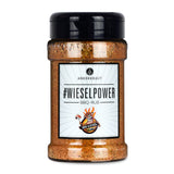 Ankerkraut Wieselpower BBQ-Rub im Gewürzstreuer vor weißem Hintergrund.