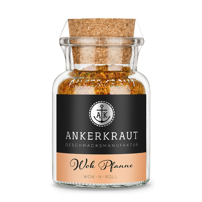 Wok Gewürz von Ankerkraut im Korkenglas auf weißem Hintergrund.