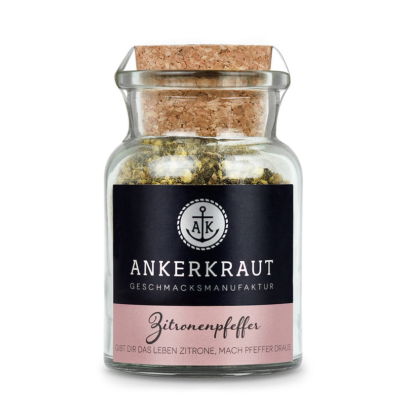 Zitronenpfeffer von Ankerkraut im Korkenglas auf weißem Hintergrund.